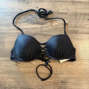Hollister Black Push Up Bikini Top Underwire Lattice Halter 34A